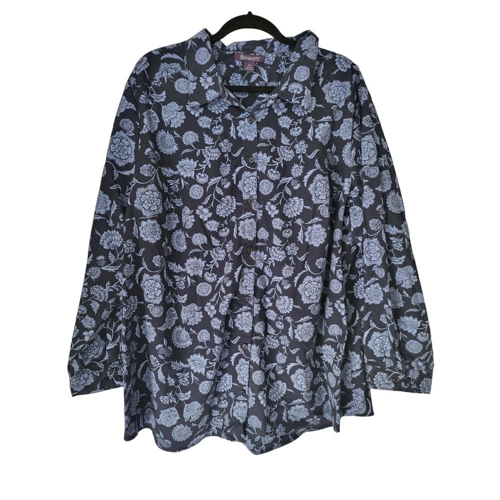 Roaman's Button Front Top 30‎ Womens Plus Size Long Sleeve Blue Floral Print